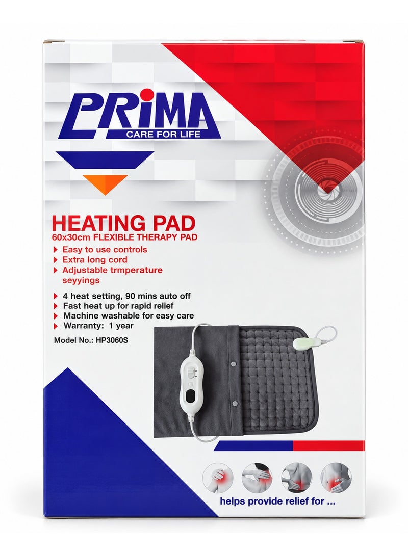 PRIMA HP3060S Electric Heating Pad for Back & Joint Pain Relief with 4 Heat Settings, 90-Min Auto-Off, Extra Long Cord & Machine Washable Velour Cover (60 x 30 cm) - Grey - Image 3