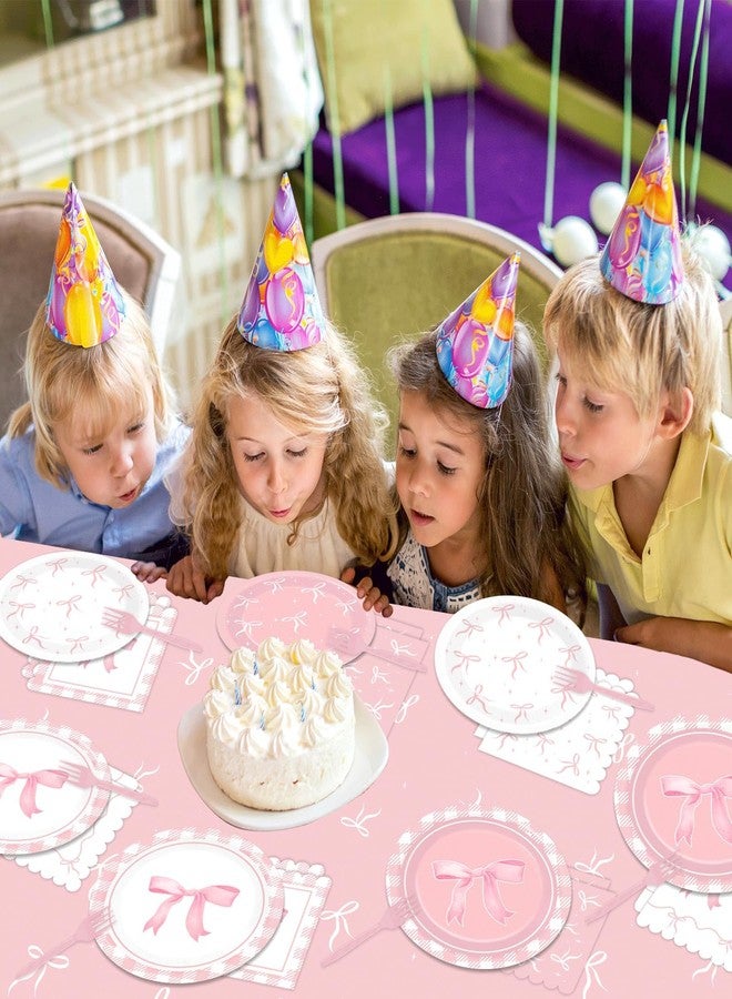 Justforjoyful 98 قطعة من لوازم حفلات الفيونكات الوردية، أطباق ومناديل ومفارش طاولات لحفلات أعياد الميلاد، زينة فيونكات وردية لحفلات توديع العزوبية، والخطوبة، وحفلات استقبال المولود، أدوات مائدة أنيقة وجذابة، غطاء طاولة يكفي لـ 24 شخصًا - Image 5