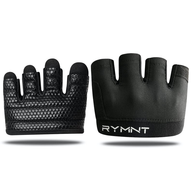 RYMNT Minimal Workout Gloves,Short Micro Weight Lifting Gloves Grip Pads with Full Palm Protection & Extra Grip for Men Women Weightlifting,Gym,Cross Training,Powerlifting,WODs.Black-Small - Image 1