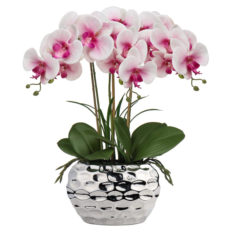 Briful 17 Artificial Orchid Phalaenopsis Flowers Decorative Bonsai Fake Flower Real Touch Orchid Artificial Flowers with Silver Ceramic Pot for Table Centerpieces Living Room Home Dcor