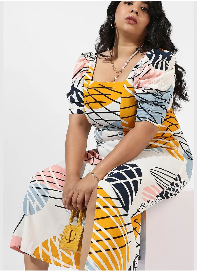 Instafab Plus Printed Square Neck Short Sleeve Dress