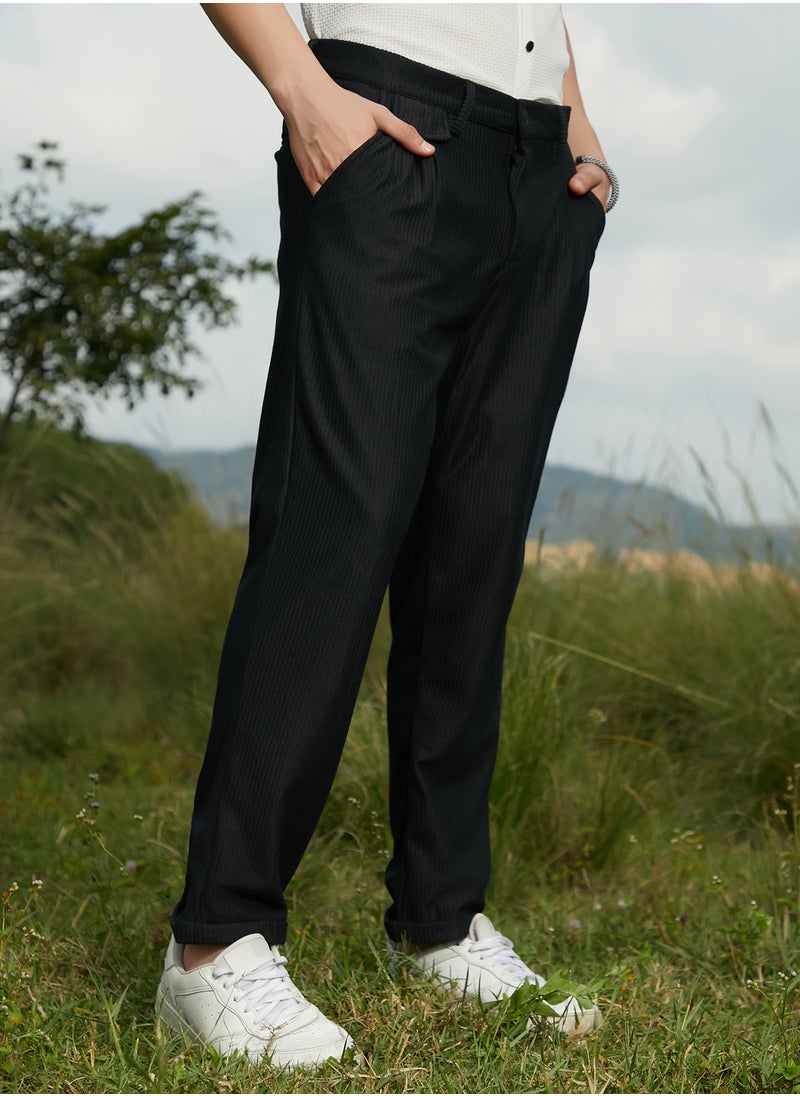 Campus Sutra Men's Midnight Black Corduroy Tailored Trousers  - Image 3