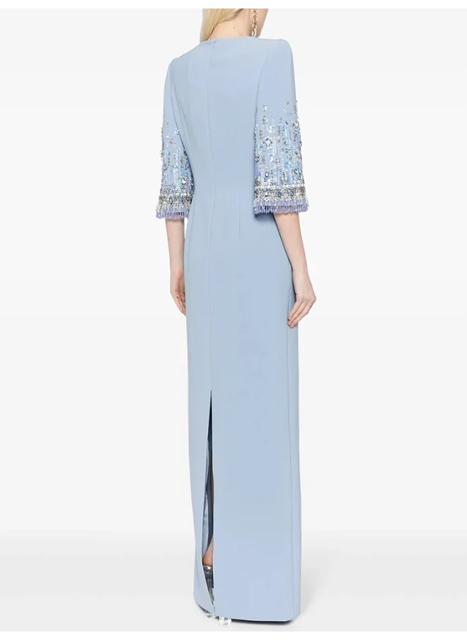 Madam Uniq Fashionable 3/4 Sleeve Long Beaded Gown with Embellishments
