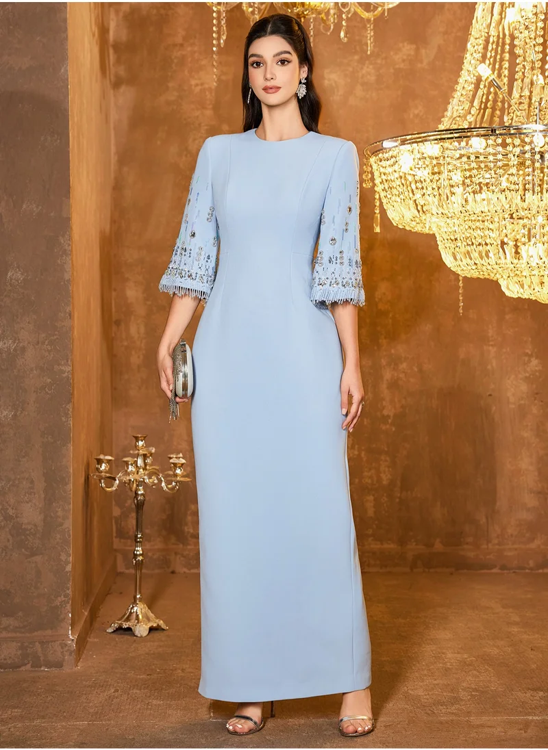 Madam Uniq Fashionable 3/4 Sleeve Long Beaded Gown with Embellishments