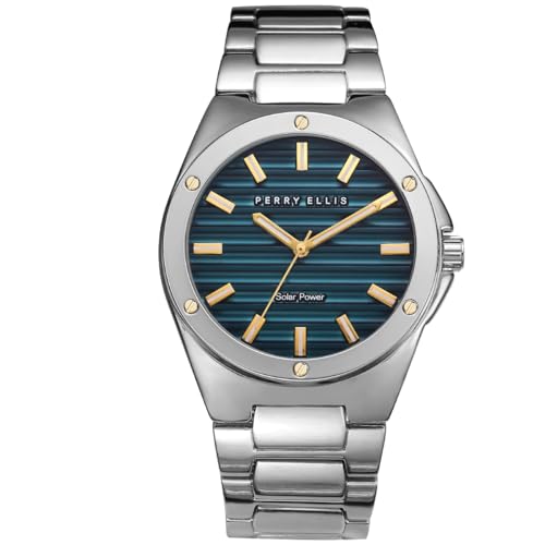 Perry Ellis Solar Powered Mens Watch Alloy Bracelet WaterResistant Analog Wrist Watches for Men 42mm Case Relojes para Hombres Elegant Gift for Man Silver - Image 1