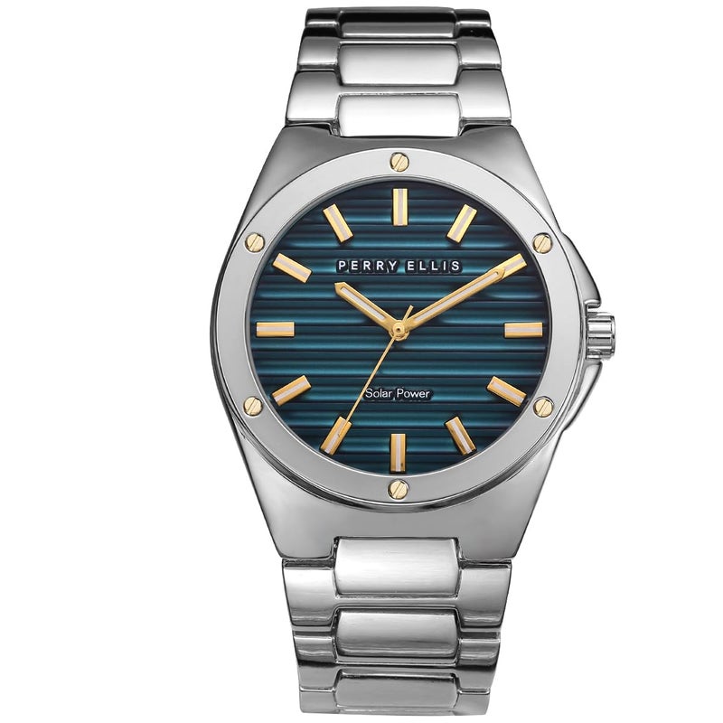 Perry Ellis Solar Powered Mens Watch Alloy Bracelet WaterResistant Analog Wrist Watches for Men 42mm Case Relojes para Hombres Elegant Gift for Man Silver - Image 2
