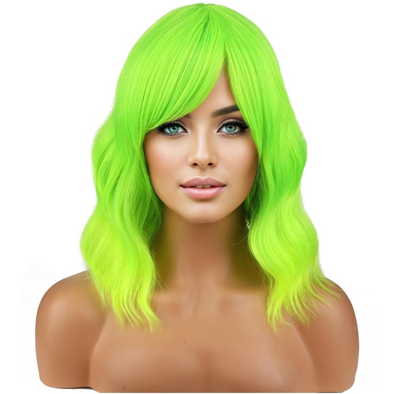 Lime Green Wig Short Wavy Wig Fluorescent Green Wig for Women Girls Green Wig Bangs Synthetic Wig with Wig Cap Lime Green