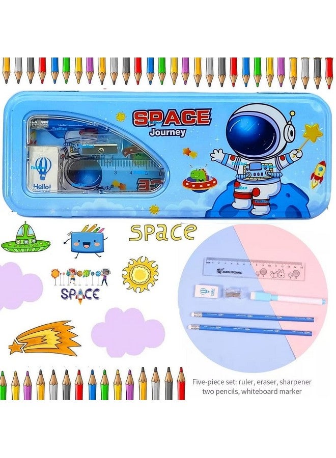 FunBlast Metal Pencil Box Case with Pencil, Eraser, Sharpener Stationery Set - Space Themed Double Layer Pencil Case Stationary Organizer for Kids - Birthday Return Gift for Kids - Image 2