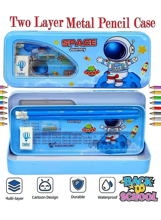 FunBlast Metal Pencil Box Case with Pencil, Eraser, Sharpener Stationery Set - Space Themed Double Layer Pencil Case Stationary Organizer for Kids - Birthday Return Gift for Kids - Image 3