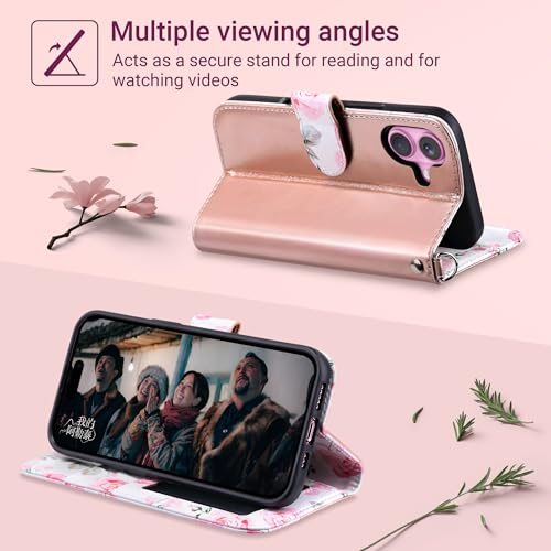 ULAK Compatible with iPhone 16 Wallet Case [RFID Blocking], Women PU Leather Shockproof Protective Folio Flip Cover with Card Holder Kickstand for iPhone16 6.1 inch, Rose Gold - Image 3
