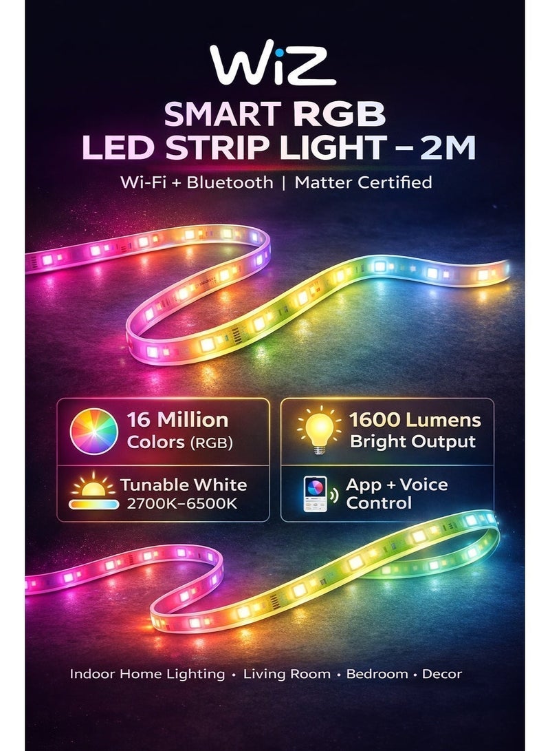 Wiz Smart Wi-Fi & Bluetooth RGB LED Strip Light Starter Kit 2m,Matter Certified, 16M Colors + Tunable White 2700K–6500K, 1600lm, Works with Alexa/Google Home/Apple Home And App Control for Indoor Home Lighting, Livingroom, Bedroom and Decoration. - Image 2