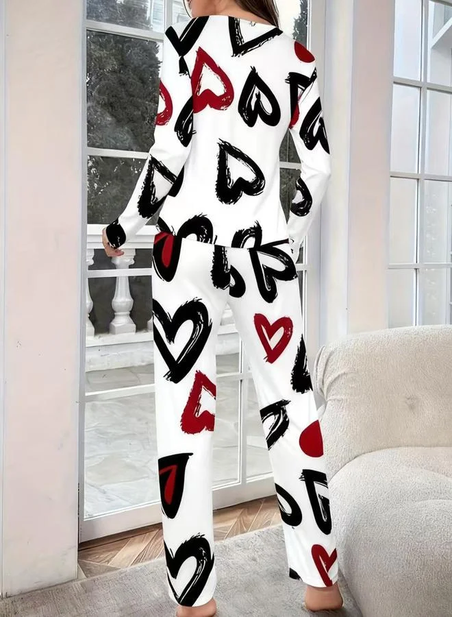 Take Two Take Two Heart Print Long Sleeve T-Shirt and Pyjama Set