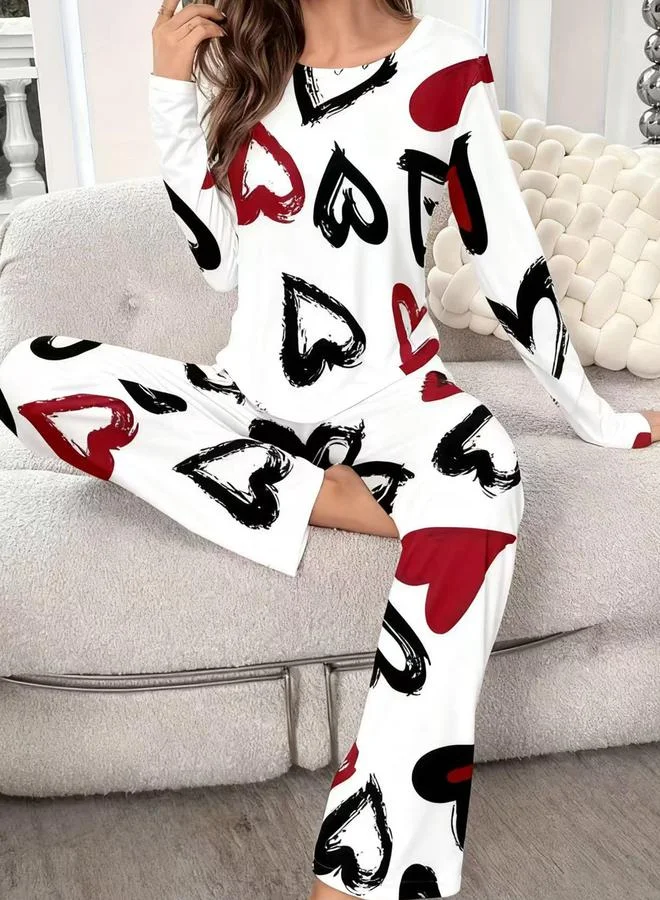 Take Two Take Two Heart Print Long Sleeve T-Shirt and Pyjama Set