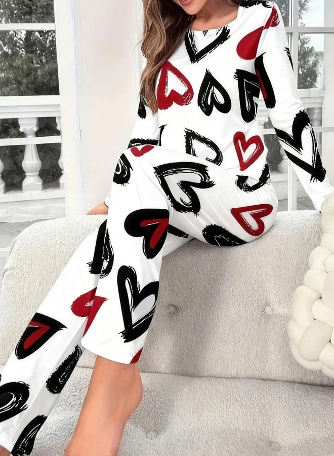 Take Two White Take Two Heart Print Long Sleeve T-Shirt and Pyjama Set for Women | Best Price UAE