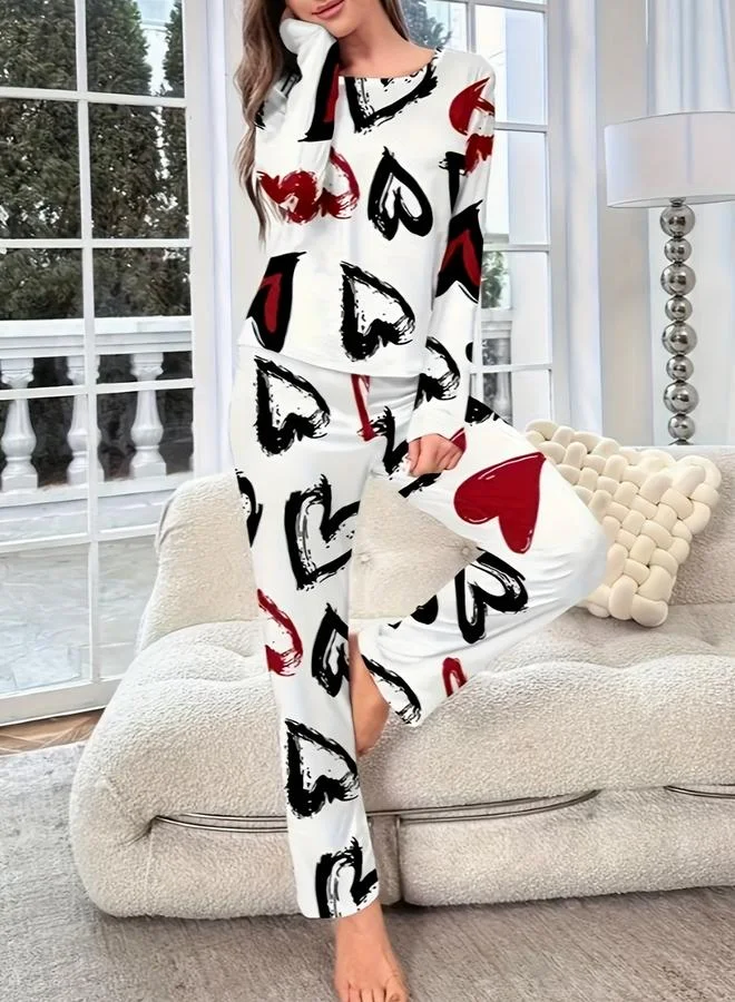 Take Two White Take Two Heart Print Long Sleeve T-Shirt and Pyjama Set for Women | Best Price UAE