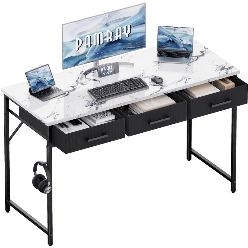 Pamray 47 Inch Small Computer Desk with 3 Drawers for Bedroom Study Writing Home Office Table for Small Spaces Marble - Image 1
