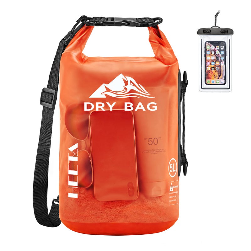 HEETA Dry Bag Waterproof for Women Men, Roll Top Lightweight Dry Storage Bag Backpack with Phone Case for Travel, Swimming, Boating, Kayaking, Camping and Beach (Transparent Orange, 5L) - Image 1