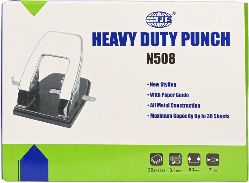 FIS Heavy Duty Metal Punch N508 - 80mm Capacity, All Metal Construction, Adjustable Paper Guide, Black - Image 1