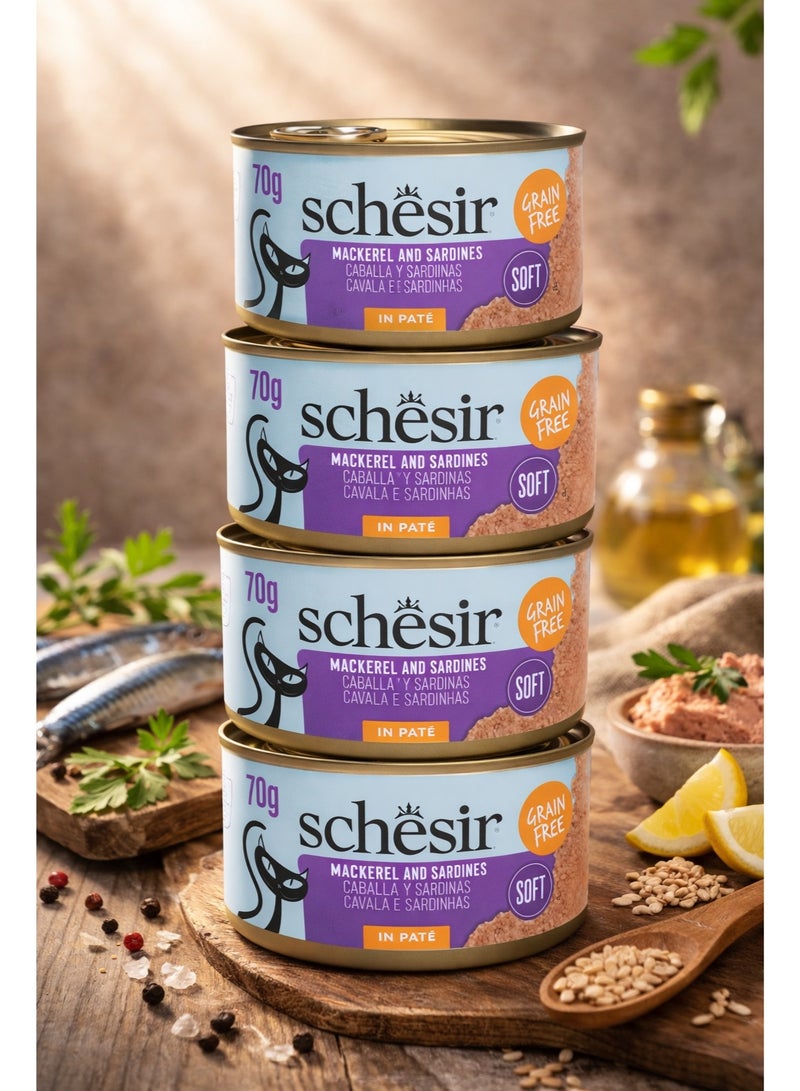 طعام قطط بالماكريل والسردين في باتيه ناعم خالي من الحبوب، وصفة طبيعية غنية بالبروتين من السمك الحقيقي، طعام رطب فاخر ومغذي للقطط البالغة بوزن 70 جرام