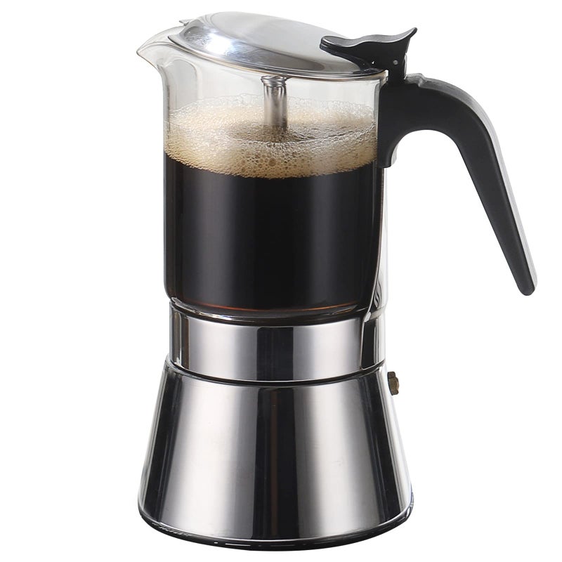 SIXAQUAE Stovetop Espresso Maker Crystal Glasstop  Stainless Steel Espresso Moka PotClassic Italian coffee maker360ml