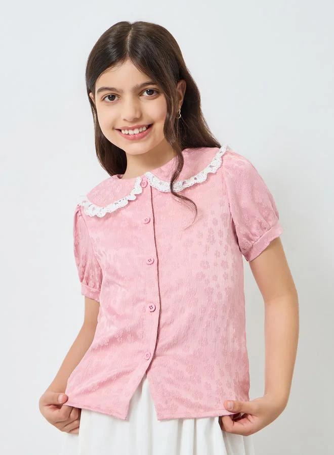Styli Girls Light Pink Jaquard Top with Lace Collar