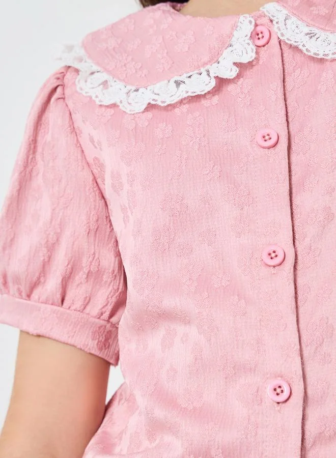 Styli Girls Light Pink Jaquard Top with Lace Collar