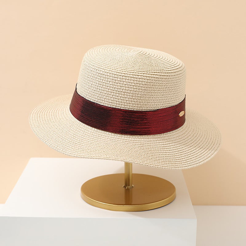Flat Cap Women Summer Panama French Beach Ribbon UV Protection Straw Hat - Image 2