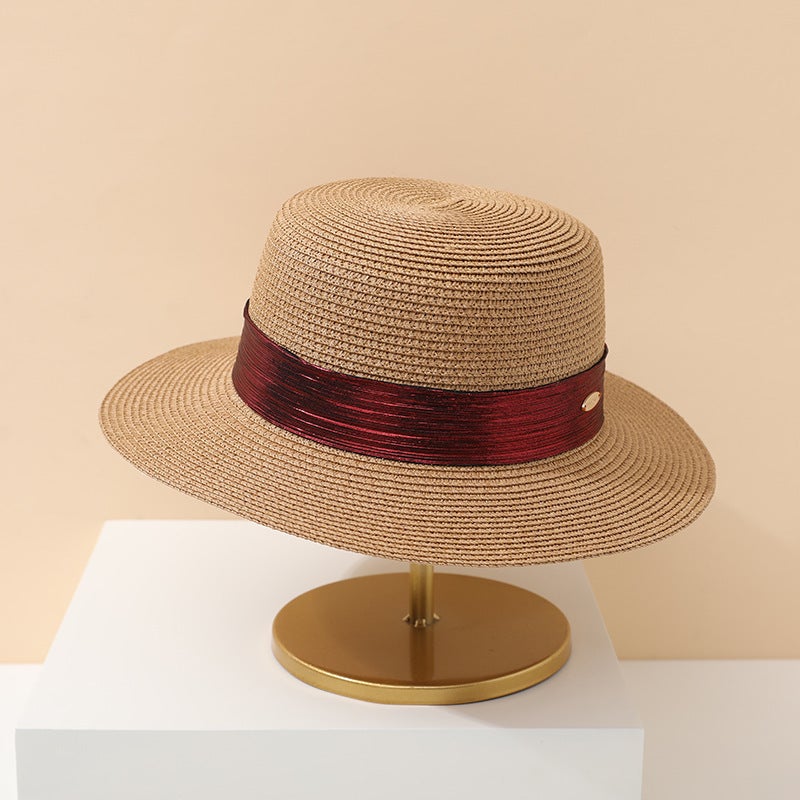Flat Cap Women Summer Panama French Beach Ribbon UV Protection Straw Hat - Image 4