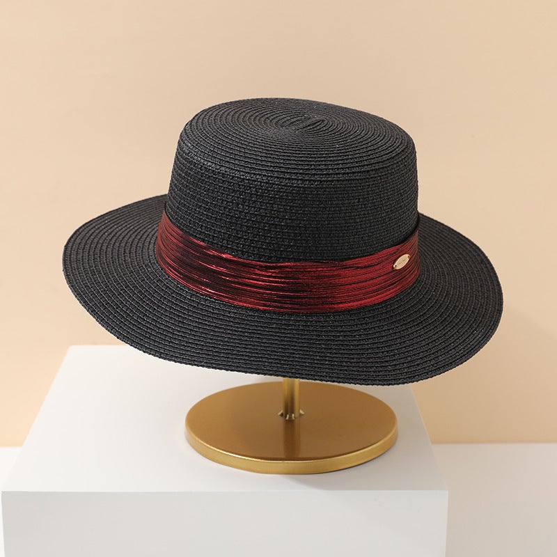 Flat Cap Women Summer Panama French Beach Ribbon UV Protection Straw Hat - Image 3