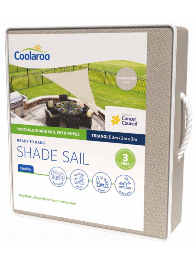 Coolaroo Portable Ready-To-Hang Triangle Riverstone Colour Shade Sail With Ropes Against Uv Degradation 3X3X3M Size - Image 1