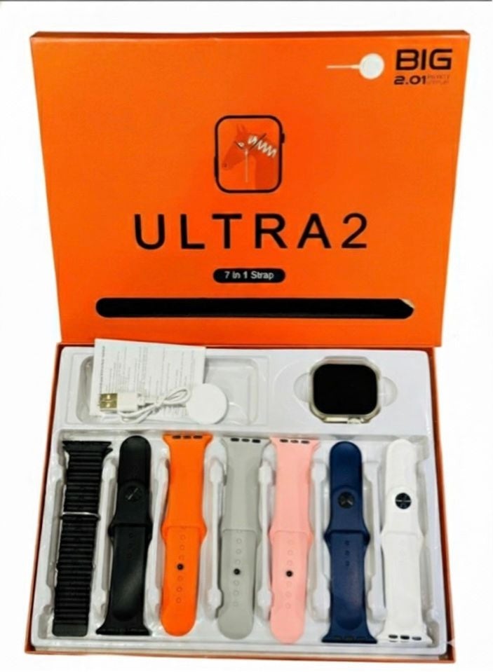 بيغ ساعة ذكية Ultra2، تصميم أنيق 49 مم، متتبع اللياقة البدنية، مكالمات وشحن لاسلكي، متوافقة مع متجر IOS وAndroid، للرجال والنساء، 7 أحزمة - Image 1