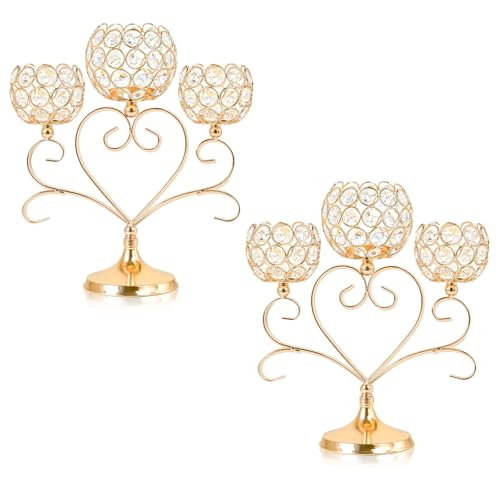 Kehail 2 Pcs 3Arm Heart Tea Light Candle Holder Crystal Metal Wedding Centerpiece Decor Sparkling Table Decor for AnniversariesRomantic Tabletop HomeDinner PartyEvents 2 Gold - Image 1