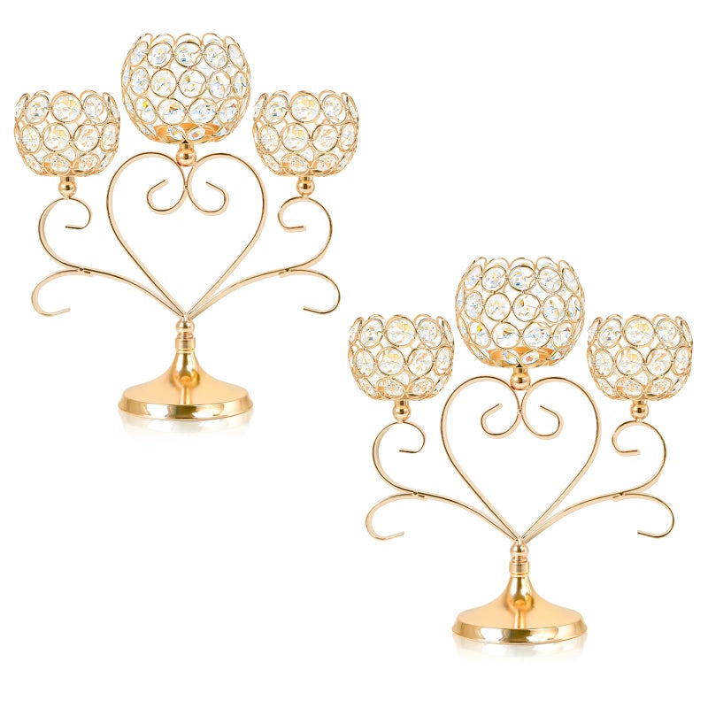 Kehail 2 Pcs 3Arm Heart Tea Light Candle Holder Crystal Metal Wedding Centerpiece Decor Sparkling Table Decor for AnniversariesRomantic Tabletop HomeDinner PartyEvents 2 Gold - Image 2