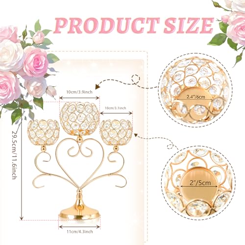Kehail 2 Pcs 3Arm Heart Tea Light Candle Holder Crystal Metal Wedding Centerpiece Decor Sparkling Table Decor for AnniversariesRomantic Tabletop HomeDinner PartyEvents 2 Gold - Image 3