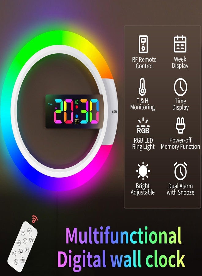 AGEK Large Digital Wall Clock, 12 inch Round Wall Clock with Remote Conrol RGB Night Light Temperature Week Dual Alarms Wall Digital Clock for Living Room Bedroom Home Office - Image 2