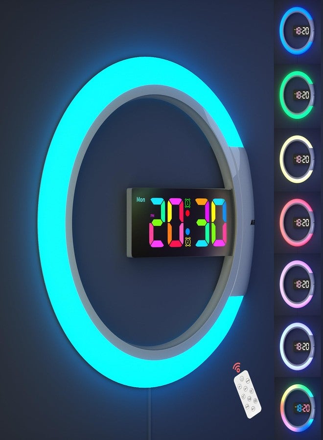 AGEK Large Digital Wall Clock, 12 inch Round Wall Clock with Remote Conrol RGB Night Light Temperature Week Dual Alarms Wall Digital Clock for Living Room Bedroom Home Office - Image 1