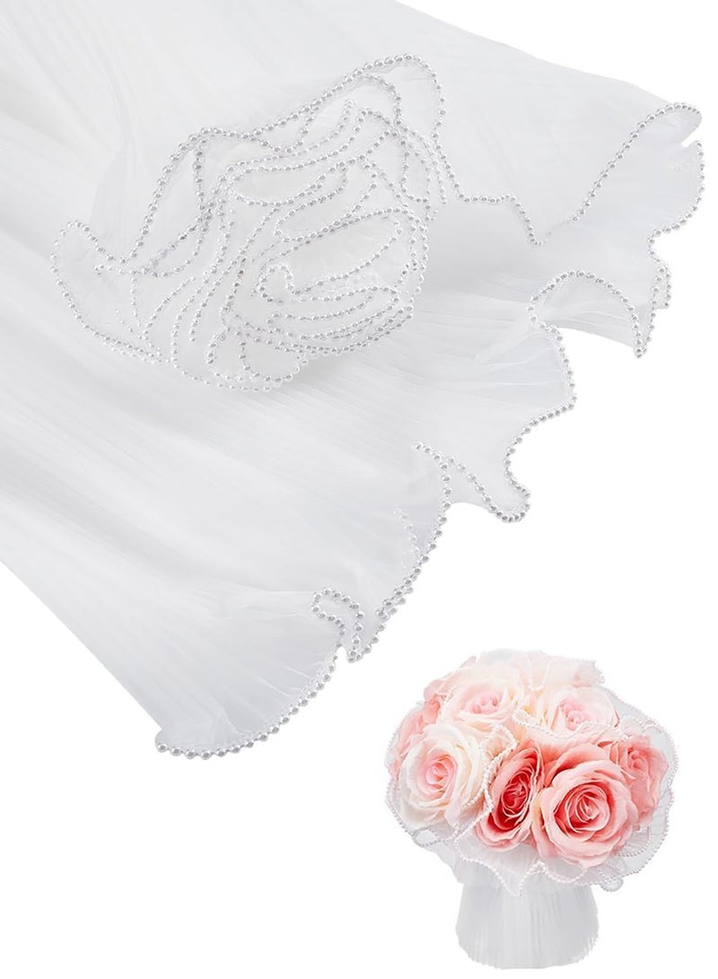 AVACraft White Flower Wrapping Paper Kit - 4 Yards Pearl Lace Mesh for Bouquets, Wave Tulle  - Floral Wrap Florist Supplies - Image 1