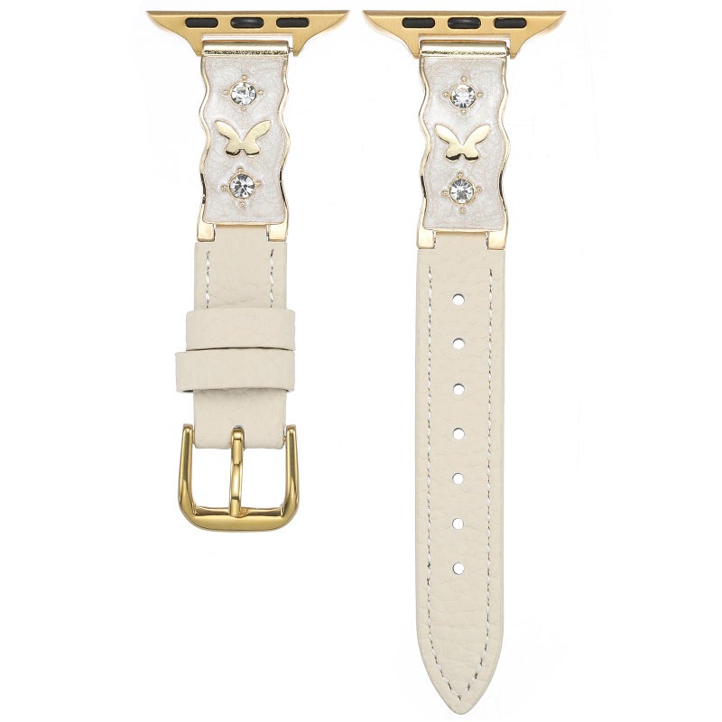 For Apple Watch 46mm / 49mm / 45mm / 44mm Shooting Star Epoxy Butterfly Lychee Grain Leather Watch Band(Beige)