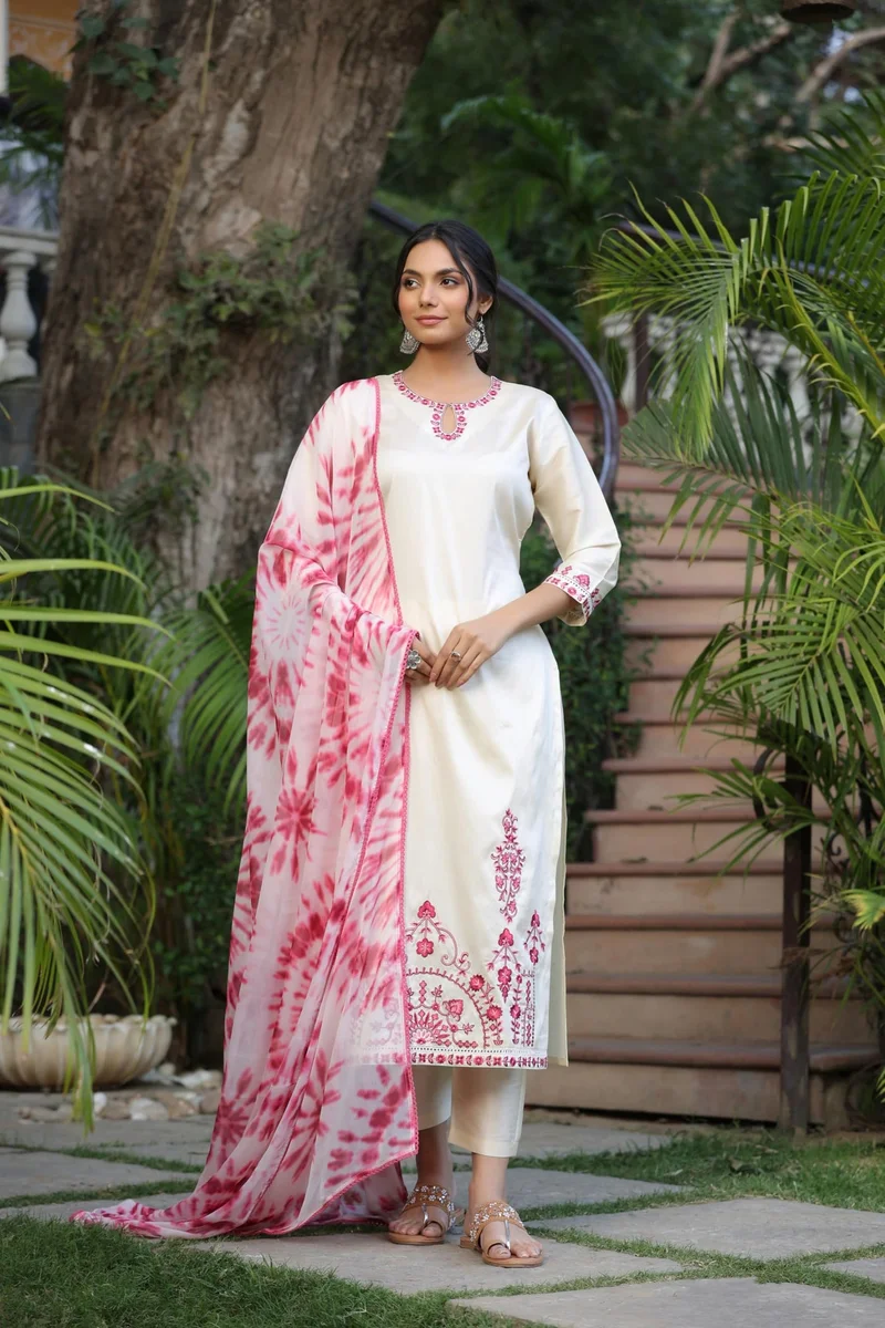 GoSriKi Women's Cotton Blend Straight Embroidered Kurta with Pant & Dupatta (BHAVI CREAM-KDV-GS_L_Cream_Large)