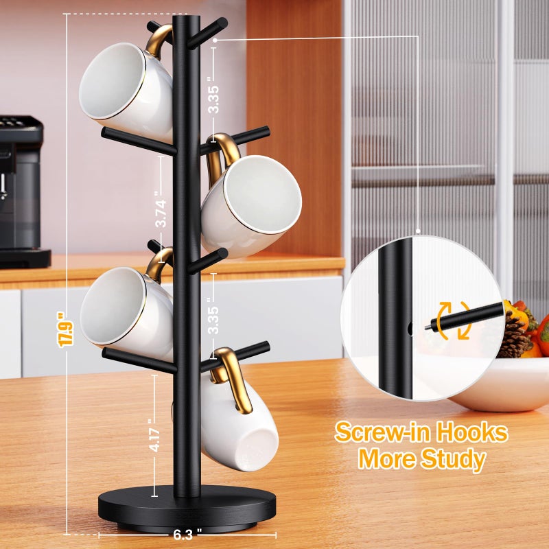 Elerator Coffee Mug Holder Tree, Upgraded 360Â° Rotated Coffee Cup Holder for Counter, Wood Coffee Mug Tree, Coffee Mug Rack with 8 Hooks, Coffee Mug Organizer Station, Mug Stand Coffee Bar Accessories, Black - Image 5