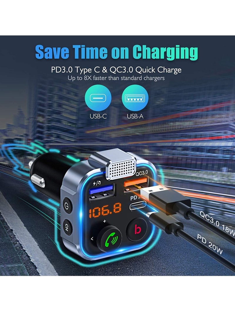 Car FM Transmitter, Wireless Bluetooth 5.0 Radio Adapter Car Kit, PD3.0 Type C 20W+QC3.0 Car Fast Charger, Hands Free Calling, Bass Lossless Hi-Fi Sound Support U Disk - Image 4