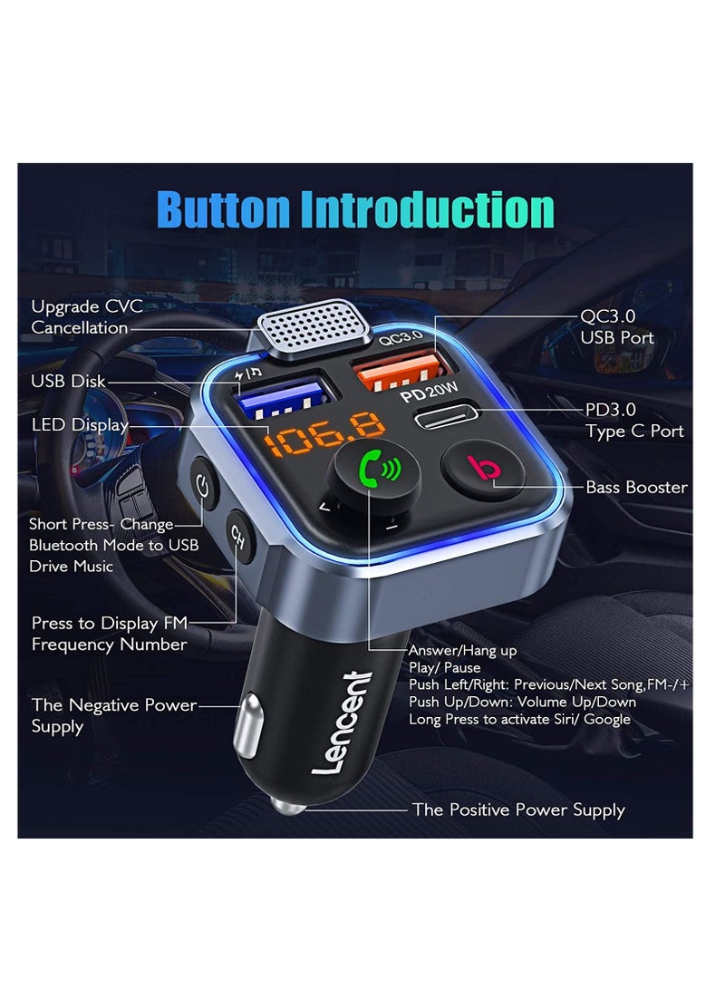 Car FM Transmitter, Wireless Bluetooth 5.0 Radio Adapter Car Kit, PD3.0 Type C 20W+QC3.0 Car Fast Charger, Hands Free Calling, Bass Lossless Hi-Fi Sound Support U Disk - Image 5