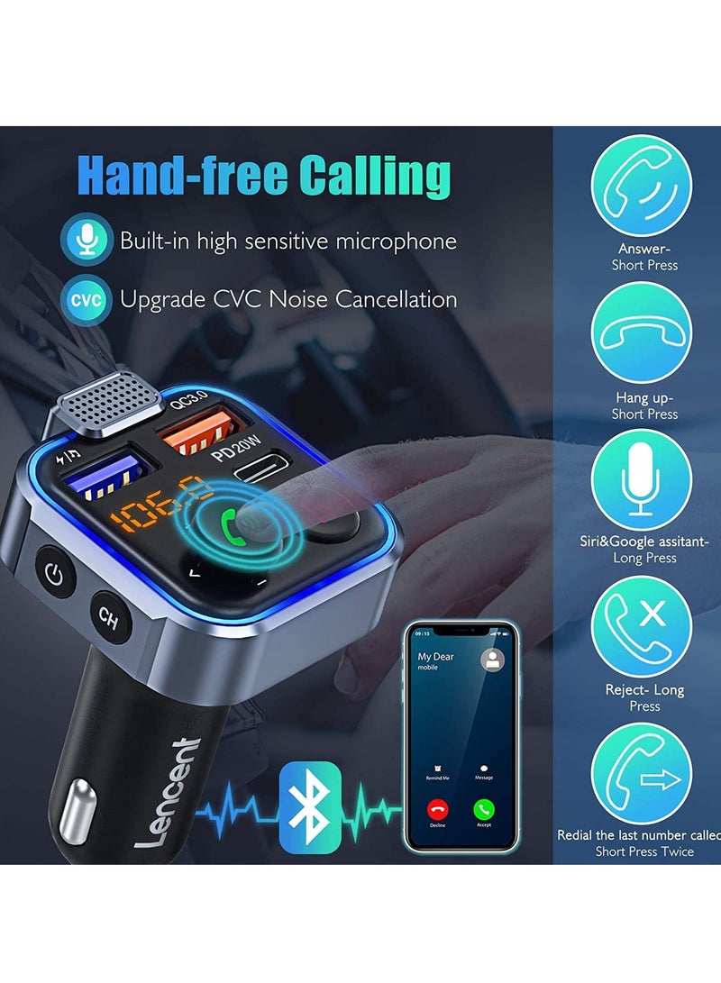 Car FM Transmitter, Wireless Bluetooth 5.0 Radio Adapter Car Kit, PD3.0 Type C 20W+QC3.0 Car Fast Charger, Hands Free Calling, Bass Lossless Hi-Fi Sound Support U Disk - Image 2