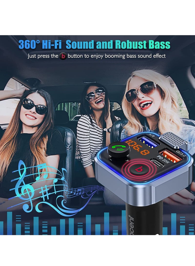 Car FM Transmitter, Wireless Bluetooth 5.0 Radio Adapter Car Kit, PD3.0 Type C 20W+QC3.0 Car Fast Charger, Hands Free Calling, Bass Lossless Hi-Fi Sound Support U Disk - Image 3