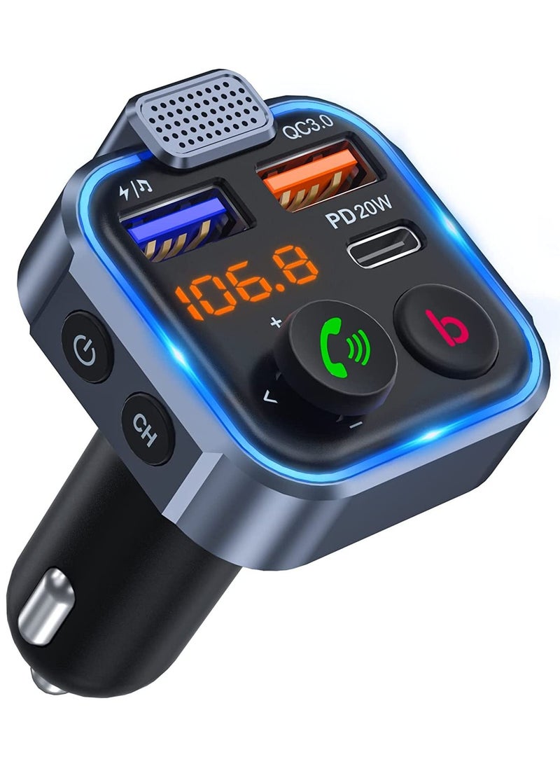 Car FM Transmitter, Wireless Bluetooth 5.0 Radio Adapter Car Kit, PD3.0 Type C 20W+QC3.0 Car Fast Charger, Hands Free Calling, Bass Lossless Hi-Fi Sound Support U Disk - Image 1