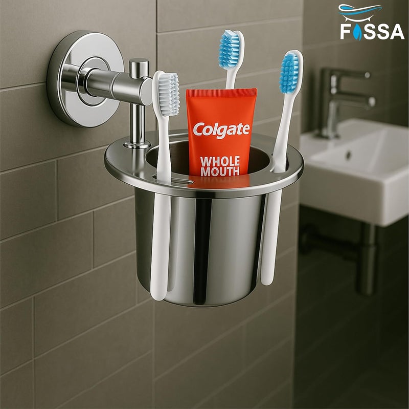 FOSSA Brush Holder – Stainless Steel Wall Mounted Tumbler & Toothbrush Holder for Bathroom | Rustproof Organizer & Bathroom Accessories Set | Silver Chrome Finish - Image 5