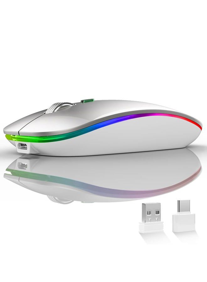 Uiosmuph LED Wireless Mouse, G12 Slim Rechargeable Silent Mouse, 2.4G Portable USB Optical Wireless Computer Mice with USB Receiver and Type C Adapter (Silver) - Image 1