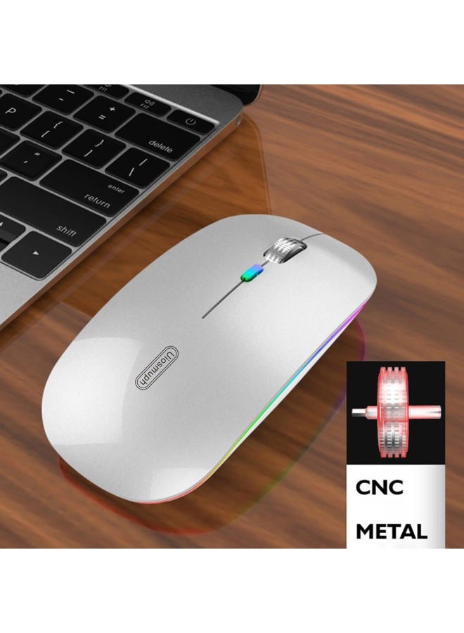 Uiosmuph LED Wireless Mouse, G12 Slim Rechargeable Silent Mouse, 2.4G Portable USB Optical Wireless Computer Mice with USB Receiver and Type C Adapter (Silver) - Image 3