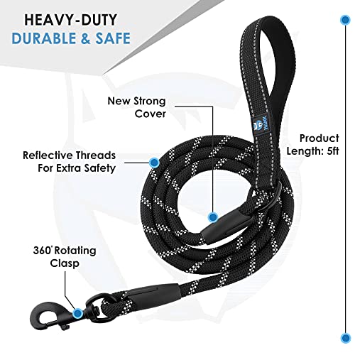 HANK Dog Leash | 3M Reflective Leash for Dogs | Heavy Duty Dog Rope for Small to Large Dogs | Comfortable Padded Handle 5 Feet (Black + New Version, Large - Suitable Upto (18-80KG)) - Image 2