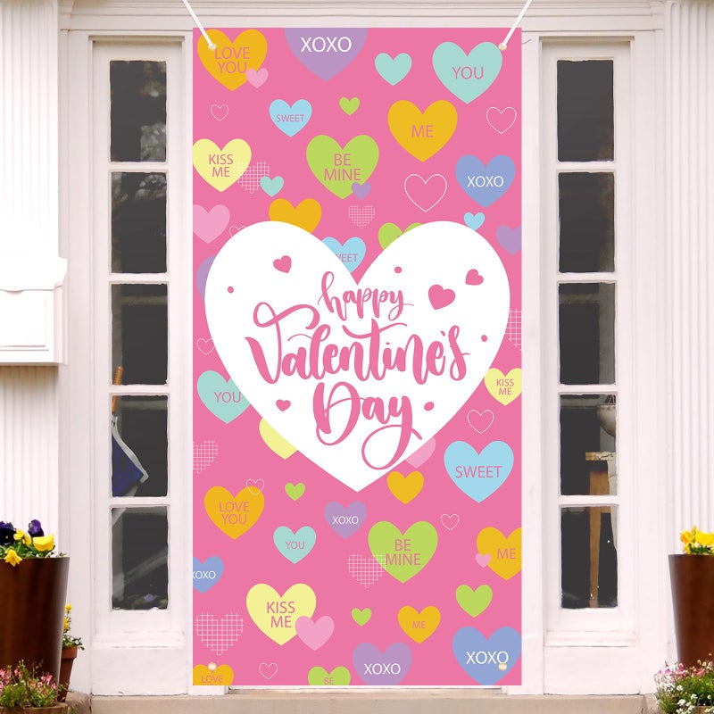 Photken 73 x 36 Inch Happy Valentineâ€™s Day Banner Door Cover, Colorful Candy Heart Themed Porch Sign, Large Pink Front Door Wall Backdrop for Indoor Outdoor Romantic Party Decorations and Photo Booth Props - Image 1